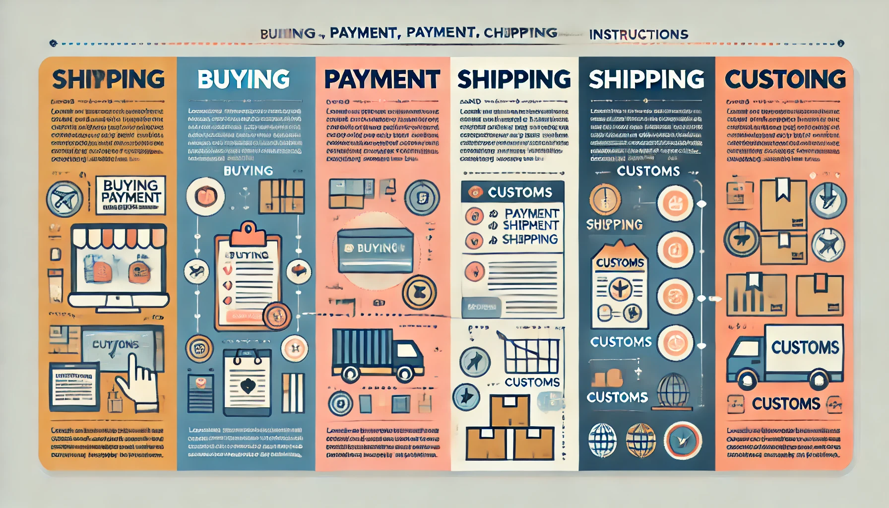 An infographic titled 'Buying, Payment, Shipping, and Customs Instructions' designed horizontally. The layout should include clear sections for each t